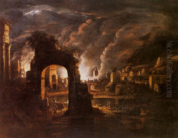 Figures Fleeing A Burning Town, A River Beyond Oil Painting by Claes Jansz van der Willigen