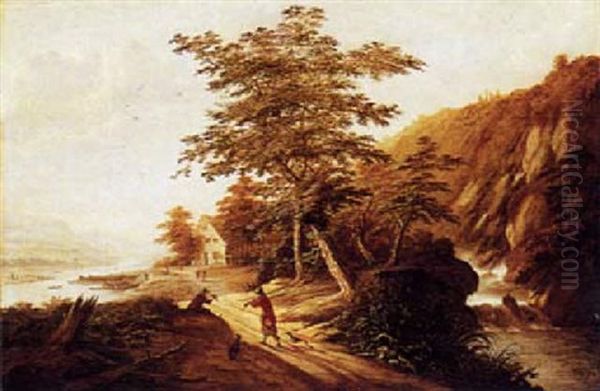 Huntsmen Returning From Their Hunt In A Rhenish Landscape With A Waterfall Oil Painting by Claes Jansz van der Willigen