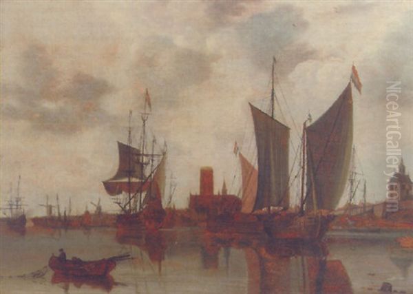 A View Of Rotterdam With Moored Sailing Vessels In The Harbour, The Laurenskerk, Oude Hoofdpoort And Kruithuis Beyond Oil Painting by Claes Jansz van der Willigen