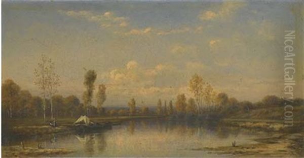 Couple Se Reposant Sur Les Bords Du Loing Pres De Nemours Oil Painting by Louis August Adophe Williot