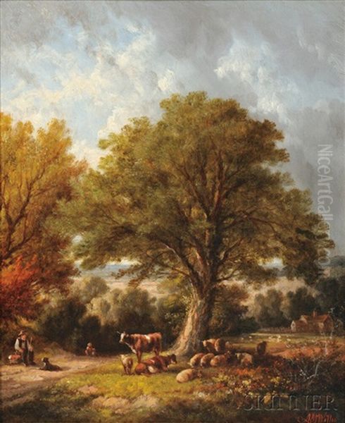 Landscape With Grazing Cattle Under A Tree Oil Painting by Edmund Aylburton Willis