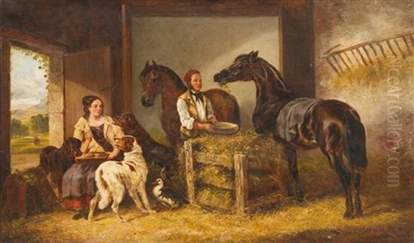 Stable Scene With Man And Lady, Horses And Dogs Oil Painting by Edmund Aylburton Willis