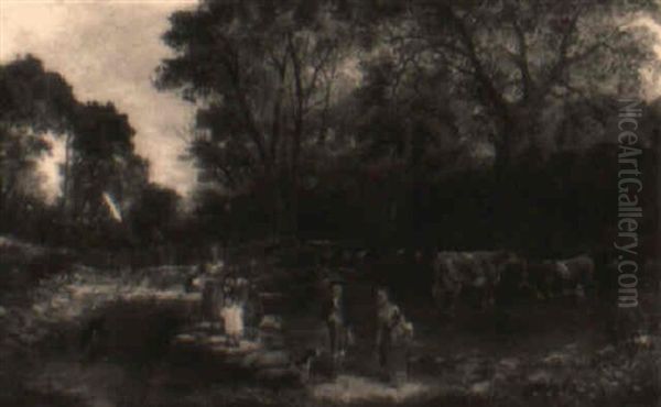 Large Pastoral Scene With Figures And Cows Oil Painting by Edmund Aylburton Willis