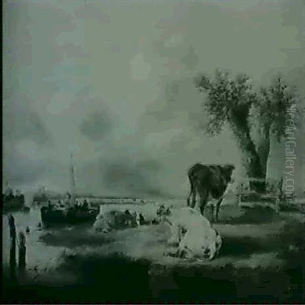 Cows Grazing Near An Estuary Oil Painting by Edmund Aylburton Willis