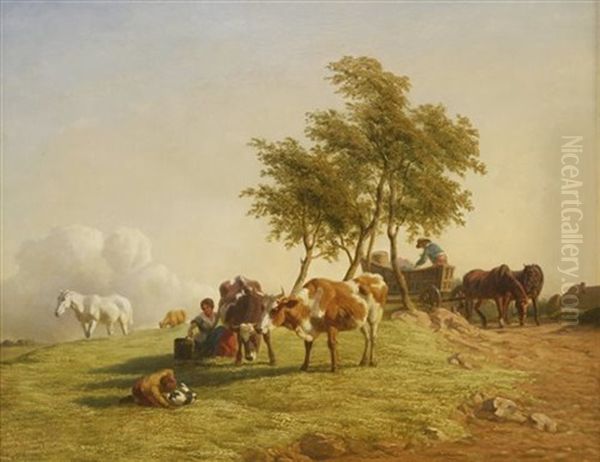 A Pastoral Scene With A Milkmaid And Cattle, A Boy Playing With A Puppy And A Horse-drawn Cart Beyond Oil Painting by Henry Brittan Willis