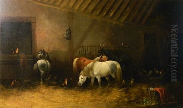 Horses In Stable Oil Painting by Henry Brittan Willis