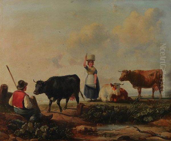 Landscape With Farm Folk And Cattle Oil Painting by Henry Brittan Willis