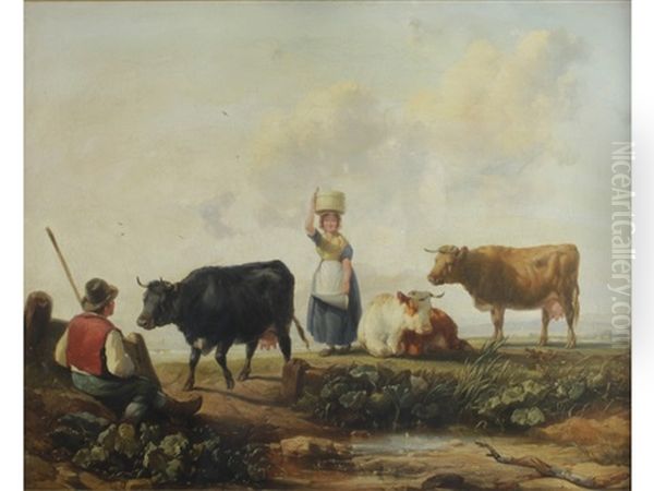 A Milkmaid And Three Cows Watched By A Seated Figure Oil Painting by Henry Brittan Willis