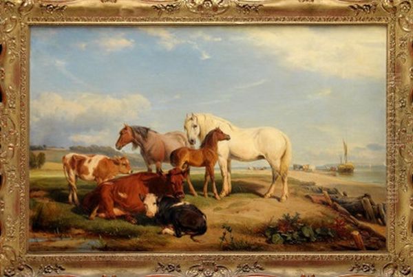 Horses And Cattle Near An Estuary With A Hay Barge Loading In The Distance Oil Painting by Henry Brittan Willis