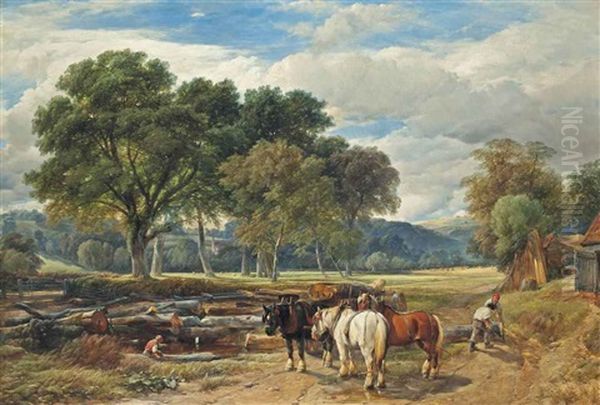 Loggers In An Extensive Summer Landscape Oil Painting by Henry Brittan Willis