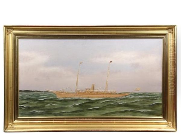 Yacht Portrait, Portside View, Shoreline Behind Oil Painting by Thomas H. Willis