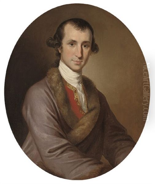 Portrait Of Eyles Irwin In A Mauve Fur Trimmed Coat Oil Painting by George Willison