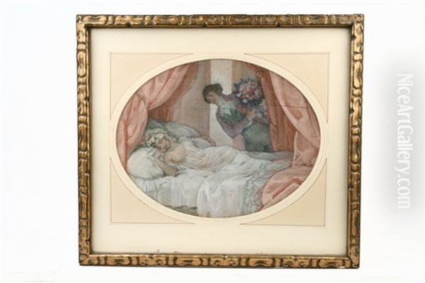 Young 18th C. Frenchman With Large Floral Bouquet Looks In On A Lightly Clad Woman Asleep In Her Draped Canopy Bed Oil Painting by Vera Willoughby