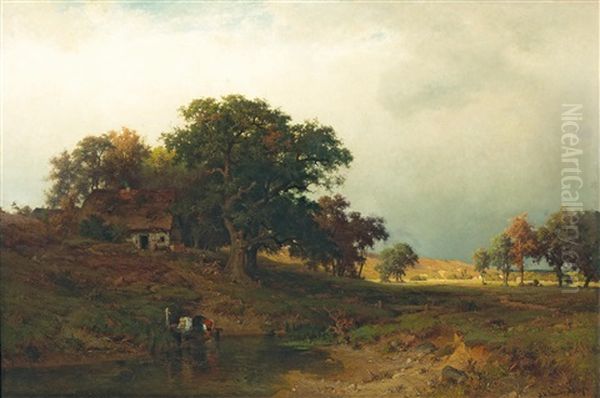 Vast Landscape With Washerwoman Oil Painting by Josef Willroider