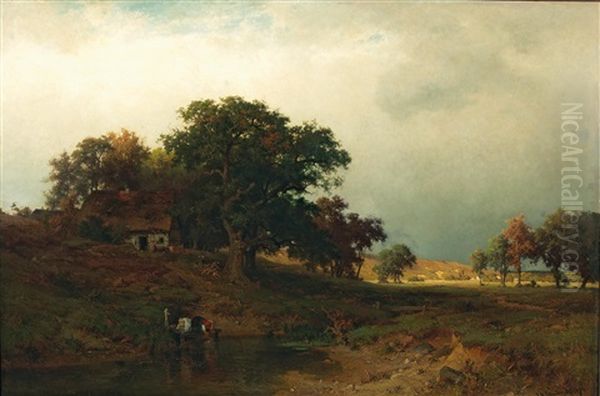 A Vast Landscape With A Washerwoman Oil Painting by Josef Willroider