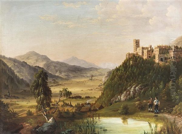 Weiter Blick In Ein Tal Mit Groser Burganlage Und Personenstaffage Oil Painting by Josef Willroider