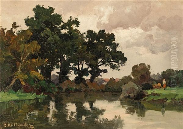 Landscape With Pond Oil Painting by Josef Willroider