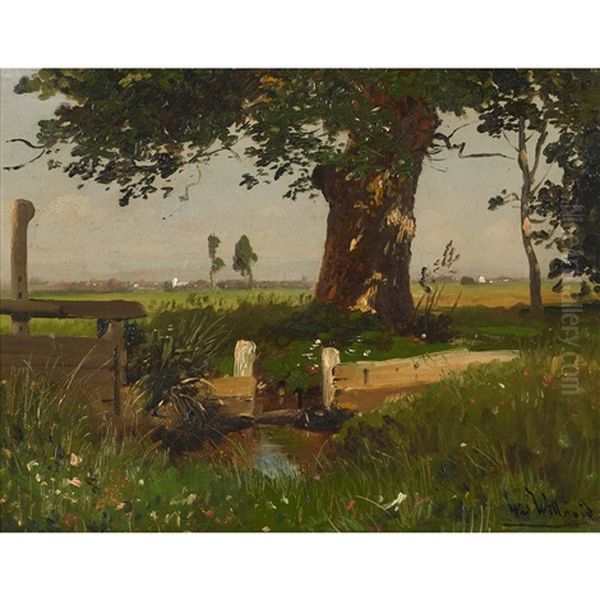 Sommerlandschaft Mit Bachschleuse Und Baum Oil Painting by Ludwig Willroider