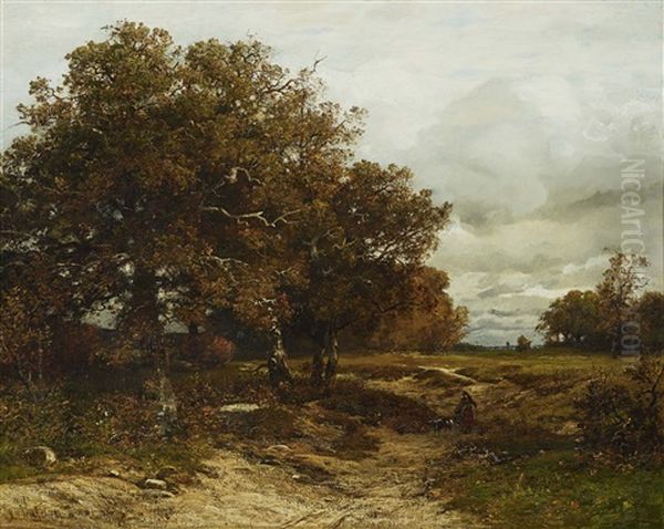 Farmers Wife And Goat In Autumn Landscape Oil Painting by Ludwig Willroider