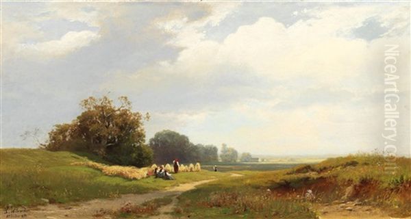 Resting During Harvest In The Alpine Foothills In Summer Oil Painting by Ludwig Willroider