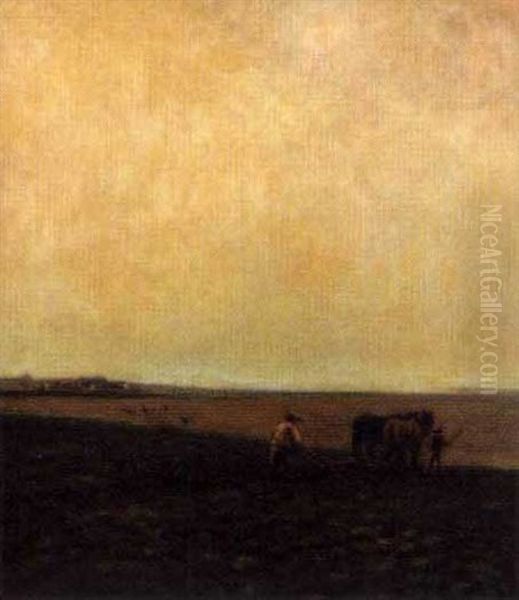 A Ploughing Scene At Potton, Bedfordshire Oil Painting by Edgar W. Wills