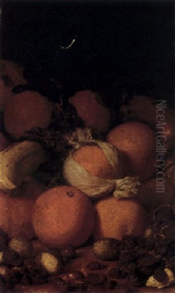 Still Life With Wrapped Oranges, Bananas, Grapes And Walnuts Oil Painting by Lemuel Everett Wilmarth