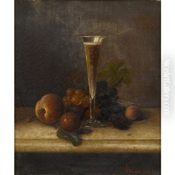 Still Life With Champagne Flute And Mixed Fruits On A Marble Ledge Oil Painting by Peter Joseph Wilms