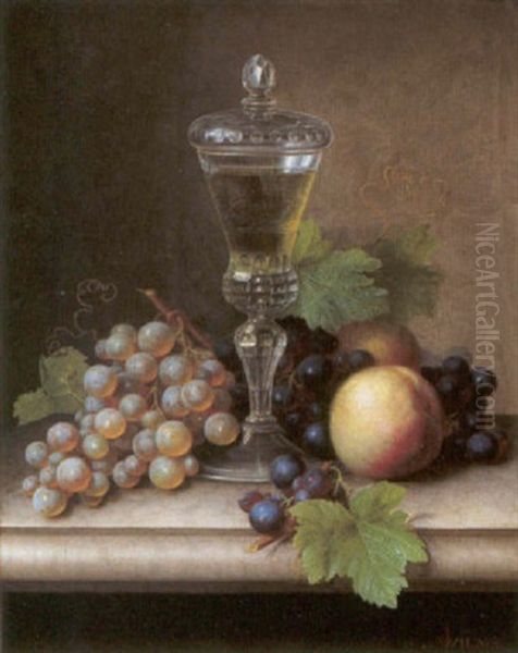 Stilleben Mit Weintrauben, Pfirsichen Und Glaspokal Oil Painting by Peter Joseph Wilms