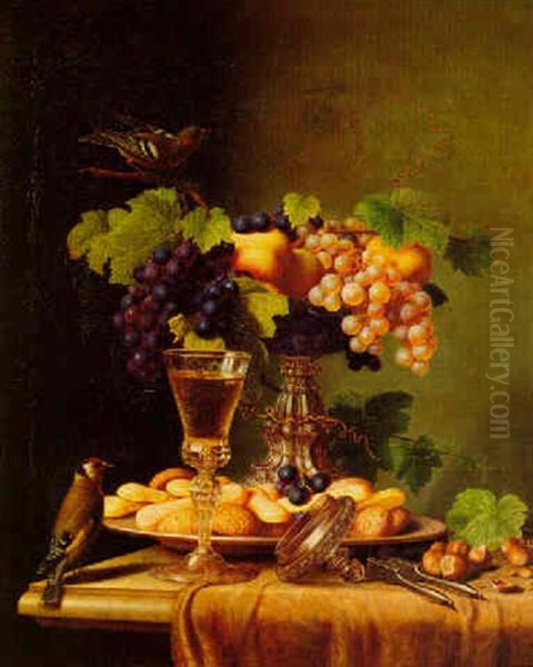 Still Life With Fruit, Wine Glass, Nuts And Birds On A Marble Ledge Oil Painting by Peter Joseph Wilms