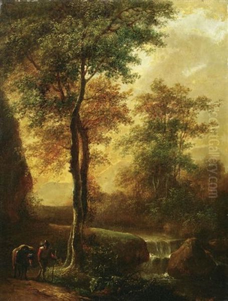 Wanderer Mit Seinem Esel Auf Dem Weg Am Waldbach Oil Painting by Jan Wils