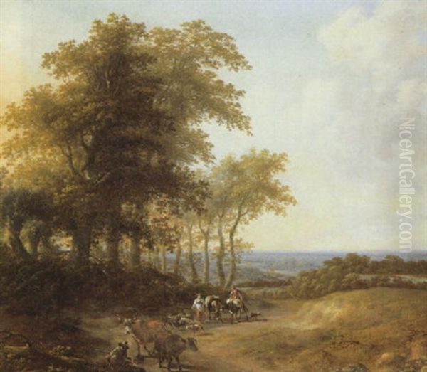 A Shepherdess And A Cowherd Returning With Their Livestock Along A Path Beside A Wood At Sunset With Landscape Beyond Oil Painting by Jan Wils