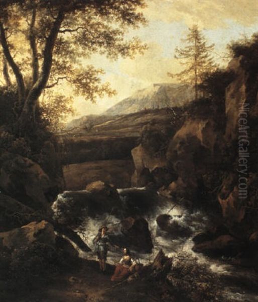 A Hilly Landscape With Figures By A Waterfall Oil Painting by Jan Wils