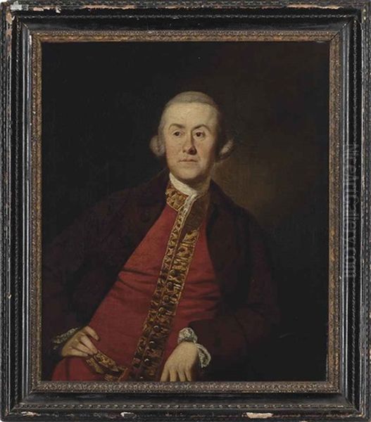 Portrait Of A Gentleman, Possibly A Member Of The Lister Kaye Family Of Denby Grange, Wakefield, Half-length, In A Burgundy Jacket And A Red Waistcoat Oil Painting by Benjamin Wilson