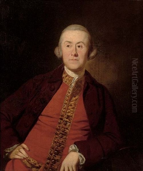 Portrait Of A Gentleman In A Burgundy Jacket And A Red Waistcoat With Gold Trim by Benjamin Wilson