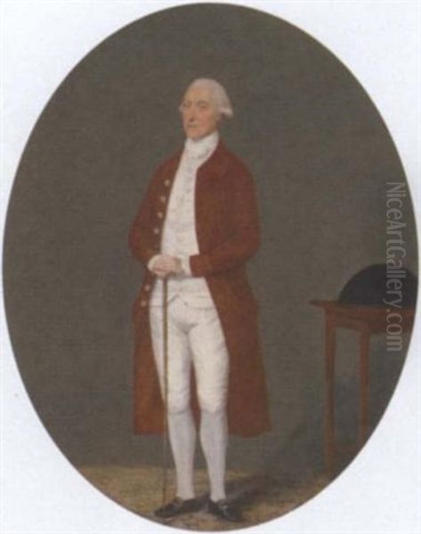 Portrait Of A Gentleman In A Brown Coat And White Waistcoat And Breeches, Holding A Cane, A Tricorn On A Table Beside Him Oil Painting by Benjamin Wilson