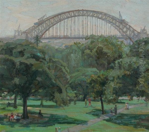 Sydney Harbor Bridge Under Construction From The Botanic Gardens Oil Painting by Eric Wilson