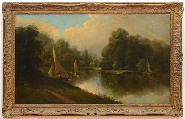 River Landscape With Sailboats Oil Painting by George Wilson