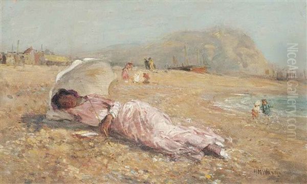 The Girl In The Pink Dress, The Artist's Wife, On Hastings Beach Oil Painting by Harry Mitton Wilson