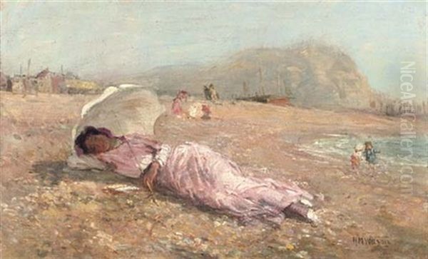 The Girl In The Pink Dress, The Artist's Wife, On Hastings Beach Oil Painting by Harry Mitton Wilson