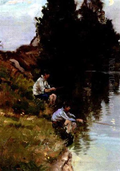 Fishing On The River Bank Oil Painting by Harry Mitton Wilson