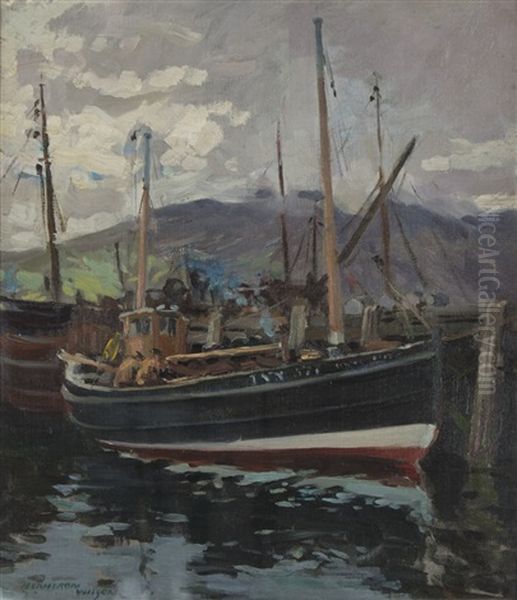 Fishing Vessels At Castlebay Barra by Hugh Cameron Wilson