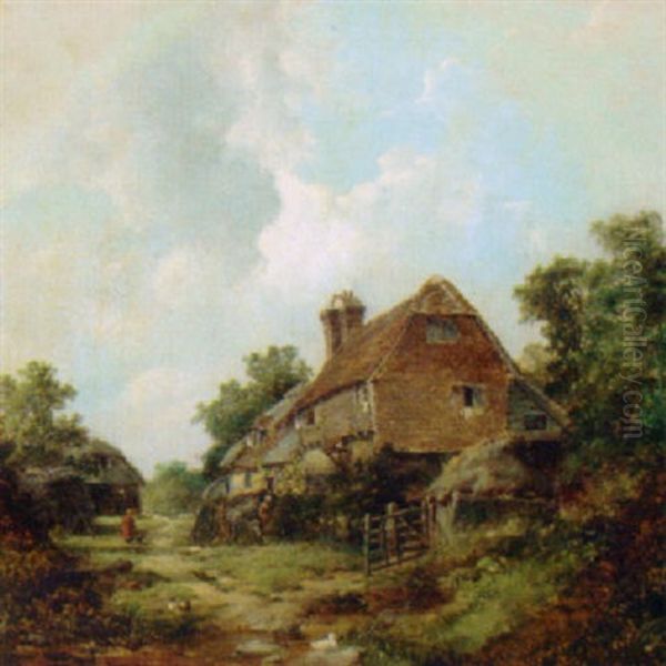 Figures Before A Cottage With A Barn Beyond Oil Painting by John J. Wilson