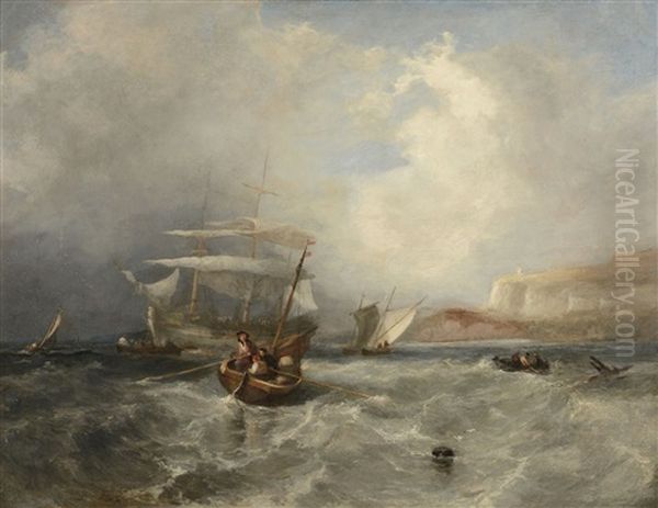 Vessels In Choppy Waters Off The Coast Oil Painting by John James Wilson