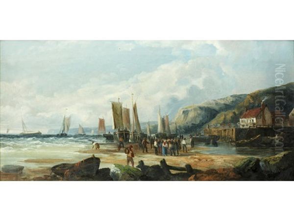 Fishing Boats Coming Into Shore; Sorting The Catch (pair) Oil Painting by John James Wilson