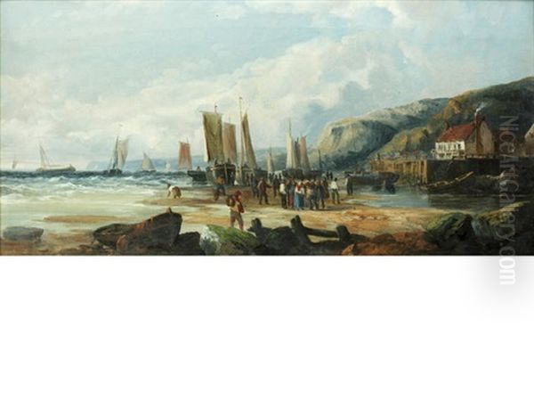 Fishing Boats Coming Into Shore (+ Sorting The Catch; Pair) Oil Painting by John James Wilson