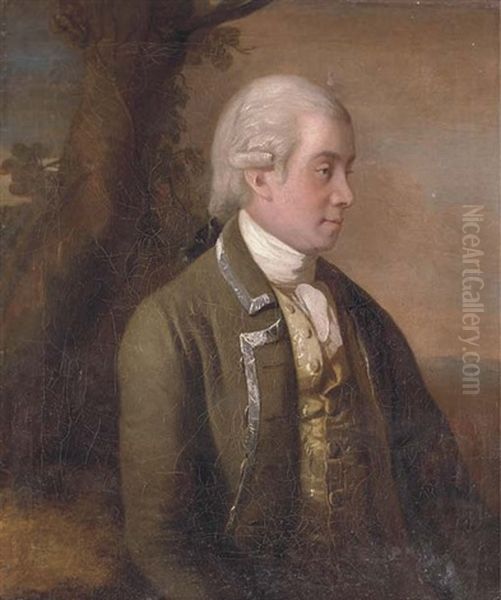 Portrait Of A Gentleman, Traditionally Identified As Robin Adair, Half-length, In A Brown Coat With Silver Trim, By A Tree In A Landscape Oil Painting by Joseph Wilson