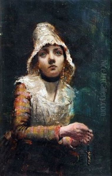 Young Girl Holding A Crucifix (study) Oil Painting by Oscar Wilson