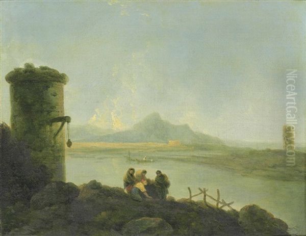 A River Landscape With Figures, Mountains Beyond Oil Painting by Richard Wilson