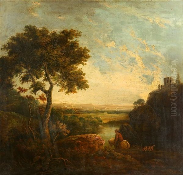 An Extensive Italianate Landscape With A Rider And His Dog On A Track Oil Painting by Richard Wilson