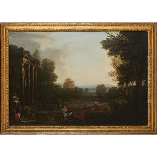 Classical Italian Landscape With Goatherds Among Ruins Oil Painting by Richard Wilson